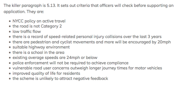 Criteria for 20mph zones and limits, North Yorkshire
