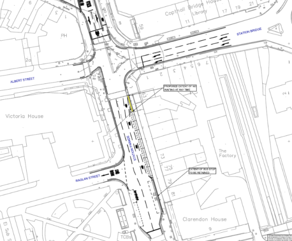Painted cycle lane previously proposed on Station Parade south of Station Bridge junction